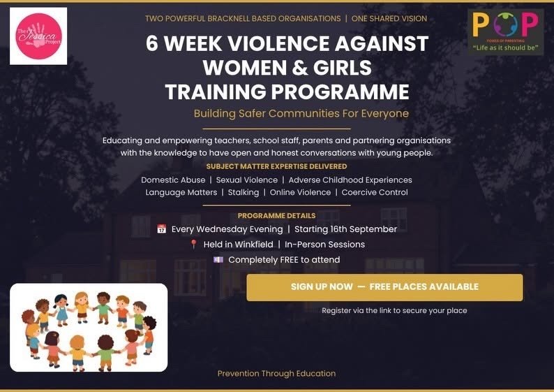 Six-week Violence Against Women and Girls training programme poster, The Jessica Project and Power of Parenting